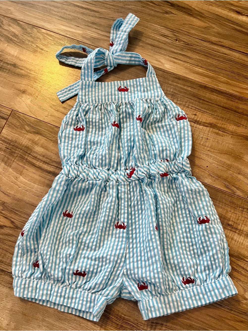 Kelly's Kids Light Blue & White Striped Halter Romper with Red Crab Print 3-4